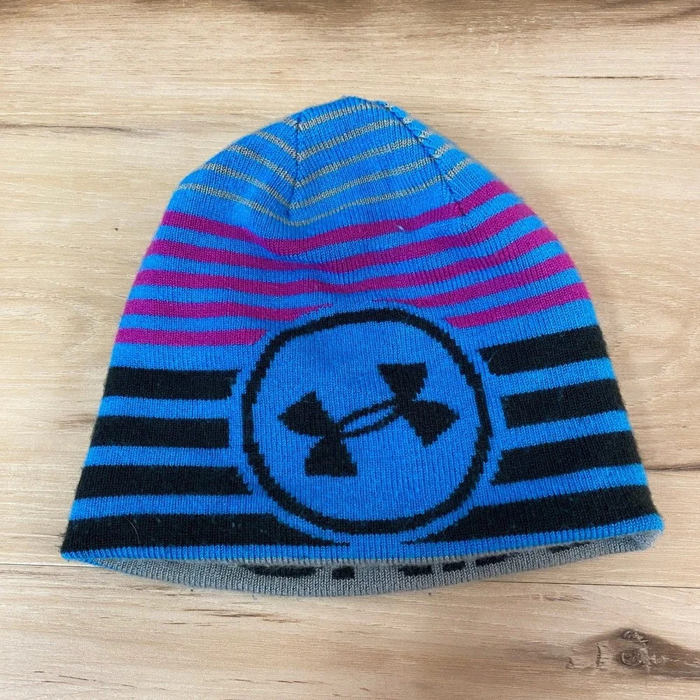 Under Armour Kids Reversible Beanie Hat Blue Pink Black Logo Winter Warm